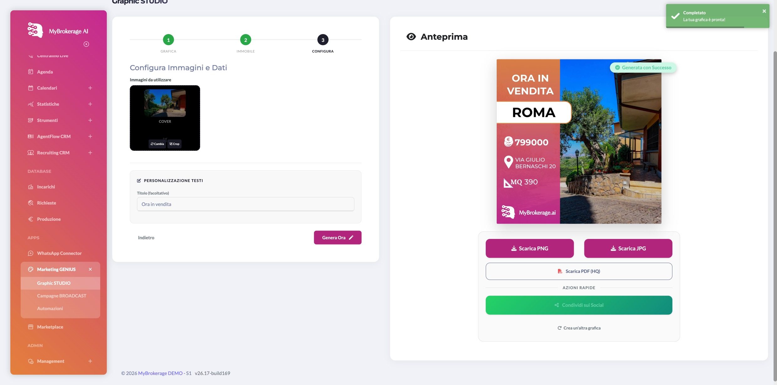 GraphicStudio, step 4: generated graphic with buttons to download and share it