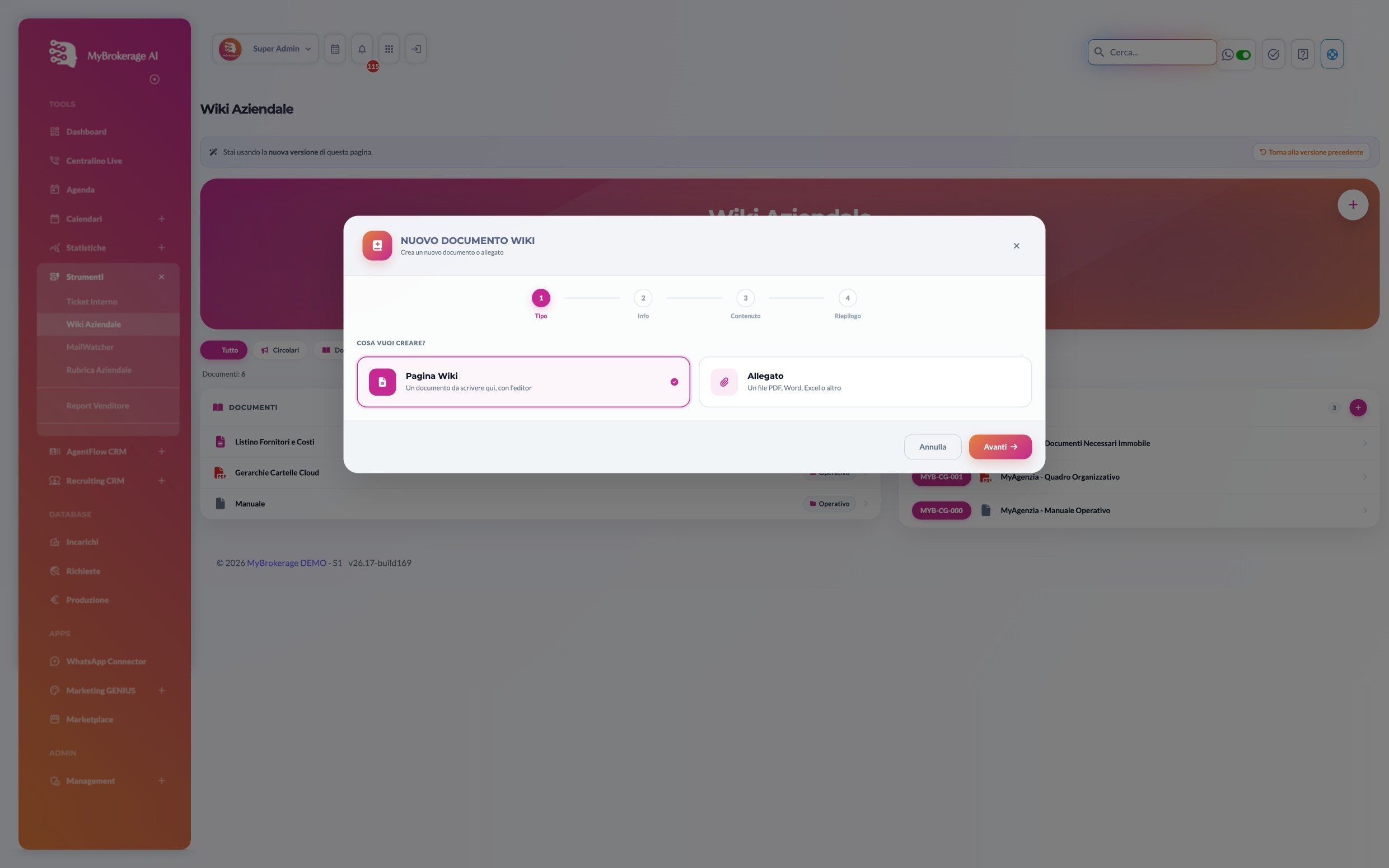 Nuovo documento wiki, passo 1: scelta tra pagina wiki e allegato