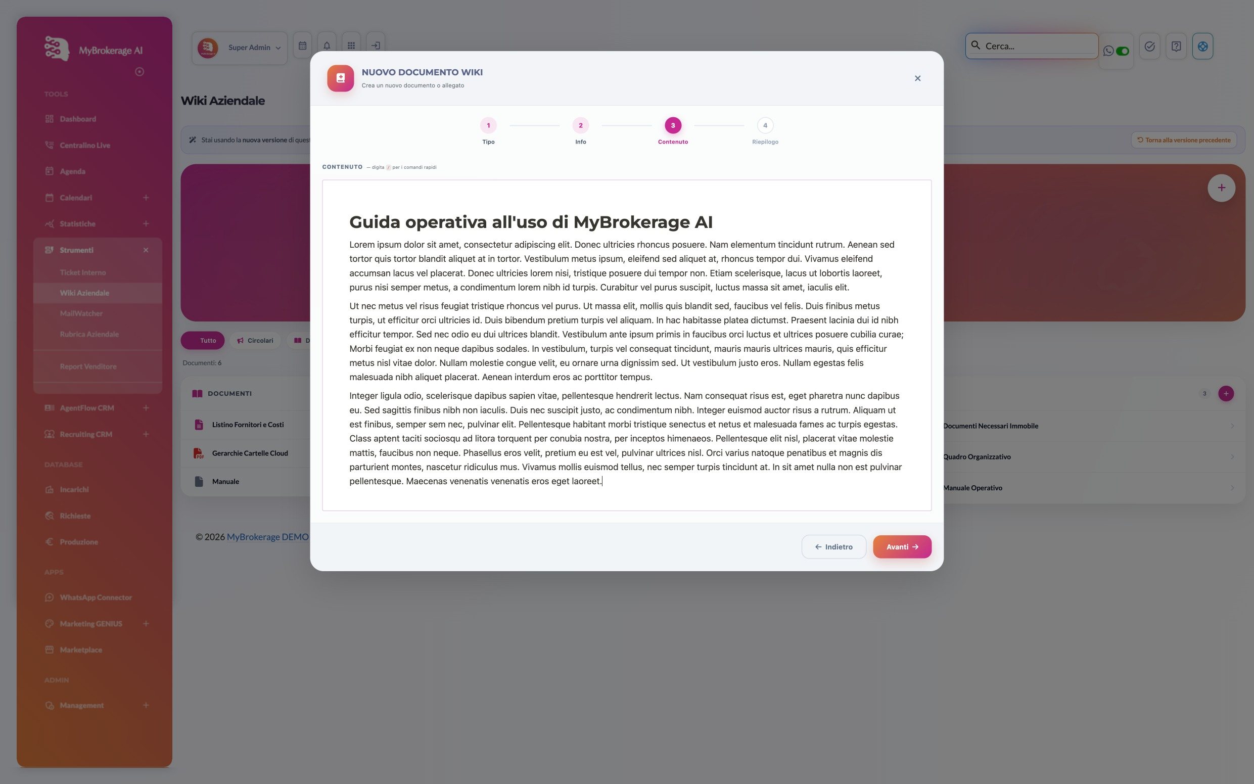 Nuovo documento wiki, passo 3: contenuto scritto nell’editor